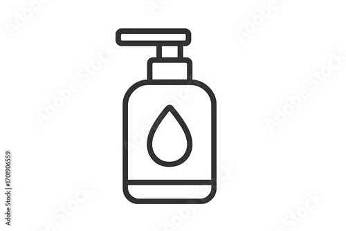 Liquid soap dispenser pump bottle icon. Lotion, gel, sanitizer container symbol. Skincare cosmetic beauty product. Hygiene, washing, cleanliness concept. Minimalist vector line art.
