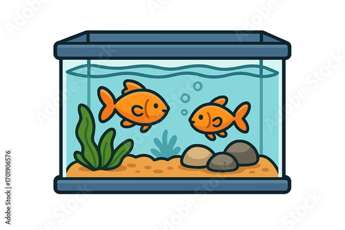 Cartoon aquarium with two goldfish vector illustration. Fish tank icon with cute orange fish, aquatic plants, and bubbles. Pet shop symbol, underwater life concept design.
