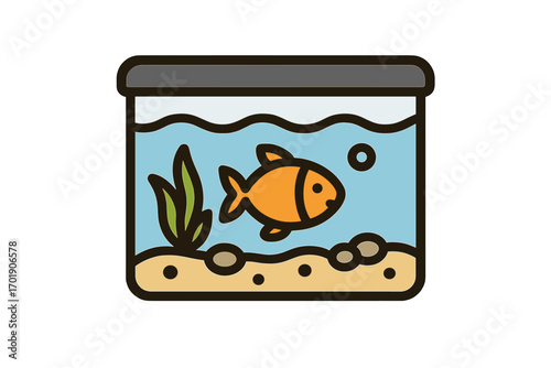 Aquarium icon with goldfish. Vector illustration of a fish in a tank. Pet shop symbol. Cartoon drawing for app, web design. Aquatic life concept with water plant.