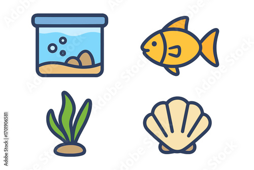 Aquarium and sea life icon set. Vector cartoon collection with fish, seashell, and seaweed. Isolated symbols for web, apps, or print. Underwater pet and marine concept.