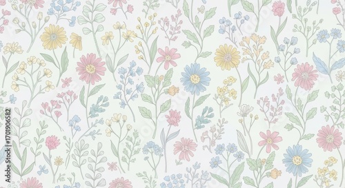 Wallpaper Mural Pastel color floral pattern with hand drawn field flower and leaf. Delicate spring flower seamless print for fabric, wallpaper, or greeting card. Torontodigital.ca