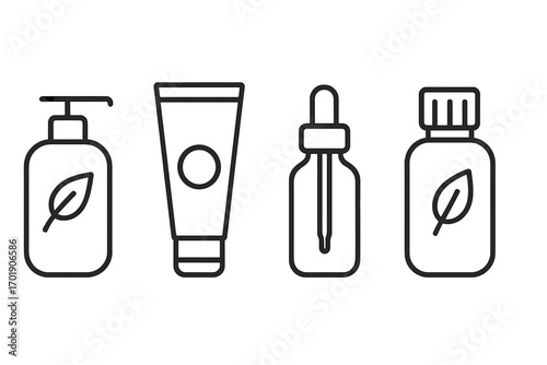 Natural cosmetic and beauty product packaging icon set. Thin line vector art of organic skincare containers: cream tube, lotion dispenser, serum dropper, and vitamin jar.