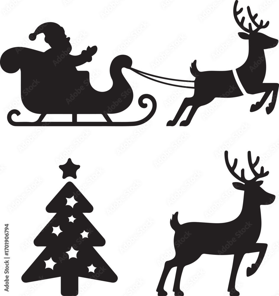 © Md Nazrul - Silhouette of santa claus in sleigh pulled by reindeer with christmas tree © Md Nazrul - Silhouette of santa claus in sleigh pulled by reindeer with christmas tree