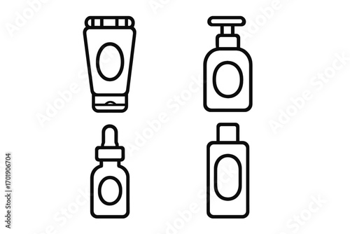 Cosmetic bottle line icon set. Skincare packaging outline symbols. Beauty product container collection. Vector illustration of cream tube, lotion pump, serum dropper, shampoo.