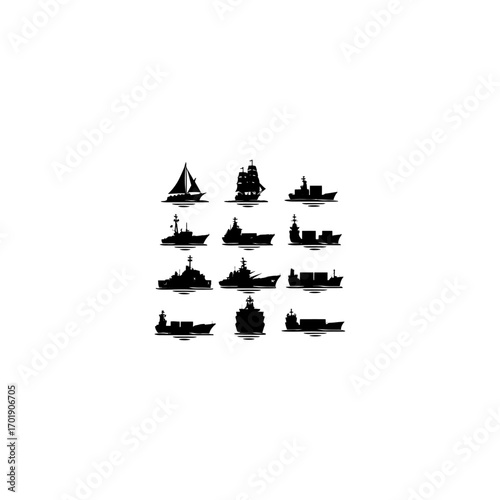 Print Warship navy silhouettes set, large pack of vector silhouette design, isolated white background. 