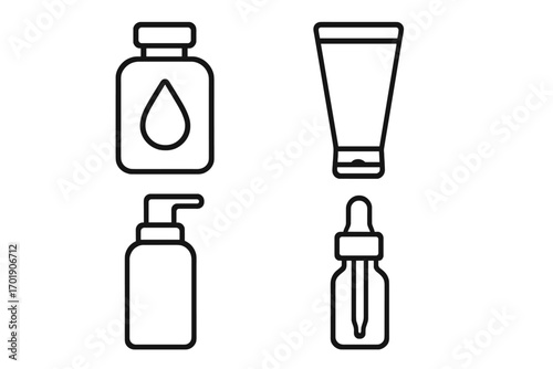 Cosmetic containers line icon set. Skincare packaging vector illustration. Cream tube, lotion pump, oil bottle, and serum dropper. Beauty product outline symbols for design.