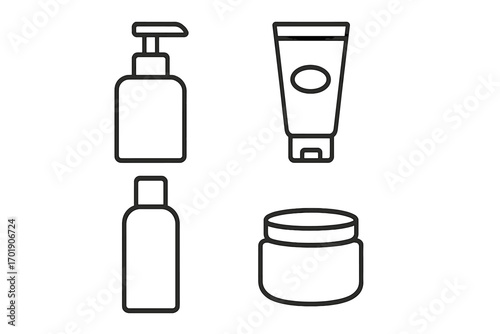 Cosmetic containers line icon set. Skincare and beauty product packaging outline vector. Pump bottle, cream tube, and jar for graphic, web design, apps. Simple illustration.