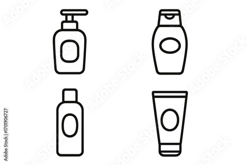 Cosmetic bottle line icon set. Soap dispenser, shampoo, lotion, cream tube outline. Skincare packaging symbol. Beauty product container for gel, balm. Vector graphic element.