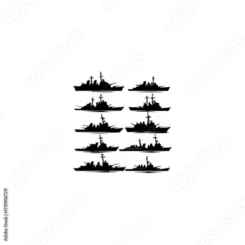 Print Warship navy silhouettes set, large pack of vector silhouette design, isolated white background. 