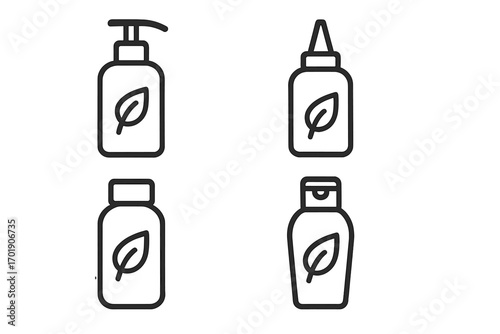 Natural cosmetic bottle line icon set. Organic beauty product packaging vector symbols. Eco friendly skincare container collection for web, apps. Shampoo, lotion, soap.