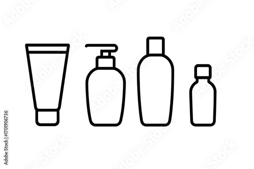 Cosmetic bottle outline icon set for beauty and skincare products. Vector illustration for web, graphic design. Packaging symbols for shampoo, lotion, cream, serum dispenser.