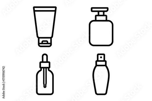Cosmetic bottle line icon set. Skincare packaging outline symbols. Cream tube, lotion pump, serum dropper and perfume spray. Beauty product container vector illustration.