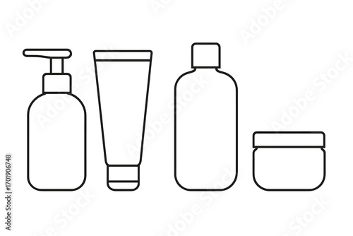 Cosmetic bottle outline icon set. Skincare packaging linear collection. Beauty product container symbol. Lotion, soap dispenser, shampoo, cream tube and jar mockup vector.