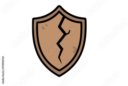 Broken shield icon concept of vulnerability and risk. Cracked defense symbol of failed protection and insecurity. Vector illustration of data breach or damage. Defenseless.