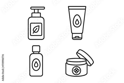 Cosmetic containers line icon set. Skincare packaging vector illustration. Cream tube, lotion dispenser, soap bottle, beauty product jar. Minimalist outline design elements.