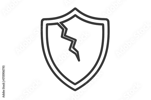 Cracked shield icon for web interface. Broken protection symbol. Metaphor for vulnerability, risk, danger, and failed security. Vector for cybersecurity, data breach, and web safety.