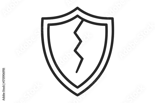 Cracked shield icon. Broken protection and security symbol. Concept of vulnerability, risk, danger, and data breach. Unsafe defense. Vector illustration for insecure system.