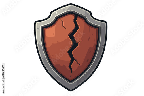 Broken shield vector illustration. Concept of vulnerability, weak defense, danger. Cracked security symbol. Metaphor for risk, data breach, failed protection, unsecure system.