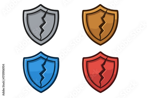 Cracked shield icon set. Broken defense and security symbol. Metaphor for vulnerability, failure, data breach, and lost protection. Vector illustration for game or web UI.