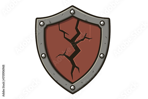 Broken shield vector icon. Damaged wooden armor symbol. Concept of lost protection, vulnerability, risk, insecurity, defeat in battle. Cartoon fantasy game element.