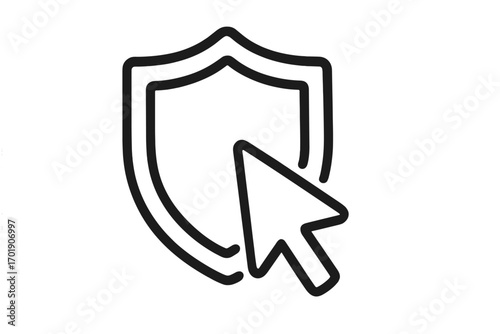 Secure click cursor and shield icon. Concept of internet safety, data protection, and online security. Antivirus or firewall symbol for web protection. Vector line art illustration.