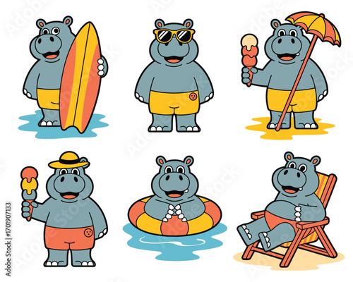 Cute cartoon hippos enjoying summer vacation activities at the beach