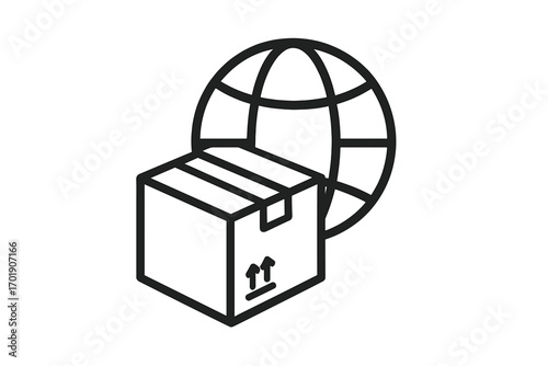 International shipping and global delivery service icon. Worldwide logistics and distribution concept with package and globe. E-commerce and freight transportation symbol.