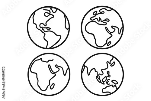 Set of 4 Earth globe icons. Planet line art illustration showing different continents. Minimalist world map vector symbols for graphic design, web, travel, or ecology concept.