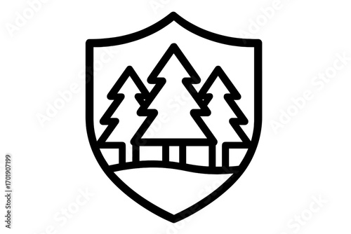 Forest and shield line icon concept. Nature protection and environmental conservation emblem. National park or forestry service logo. Vector winter landscape with pine trees.