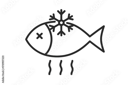 Spoiled frozen fish line icon. Bad smell, seafood contamination symbol. Concept of food poisoning, defrosting, and expiry. Minimal vector art for health warning, grocery apps.