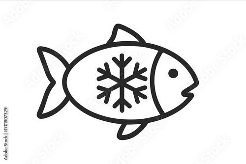 Frozen fish outline icon vector. Seafood symbol with snowflake. Cold food storage sign for grocery, market, or menu. Simple line art pictogram for web and apps.