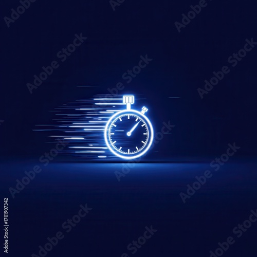 Abstract illustration of a glowing neon blue stopwatch streaking across a dark blue background symbolizing speed, time, and efficiency.