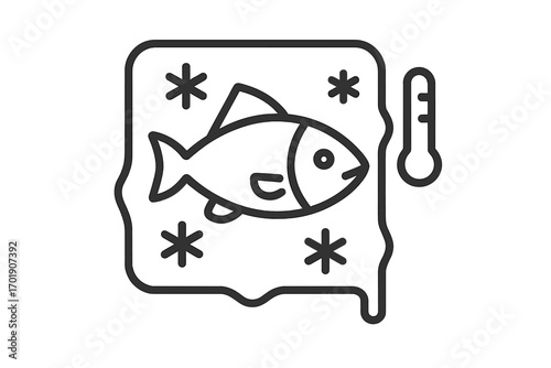 Frozen fish line icon. Seafood cold storage. Food freezing concept. Fresh fish in ice block with snowflake. Temperature symbol with thermometer. Outline pictogram for packaging.