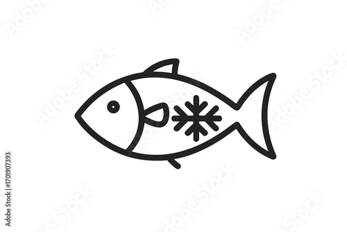 Frozen fish line icon. Minimalistic seafood symbol with snowflake. Fresh fish for grocery store, market, restaurant menu. Vector illustration for food packaging, label and product.