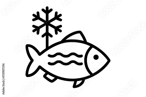 Frozen fish icon linear symbol for seafood packaging or grocery store. Cold fresh food concept for web design, apps, adverts. Minimalist vector cartoon illustration.