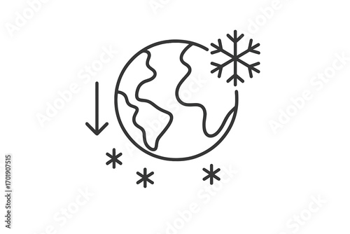 Global cooling concept icon. Planet Earth entering an ice age. Climate change metaphor. World freezing with snow and snowflakes. Environmental disaster symbol. Weather cooling.