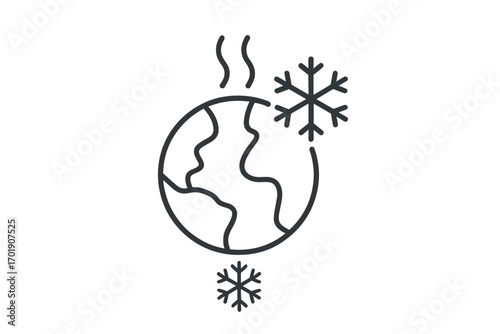 Global cooling metaphor. Planet Earth freezing icon. Concept for ice age or climate change. Cold weather, winter, frost and snowflakes. Minimalistic thin outline vector symbol.