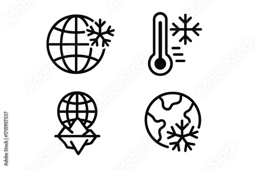 Global cooling line icon set. Ice age, climate change, cold weather concept. Planet earth, globe, snowflake, iceberg, and thermometer symbols. Vector outline illustration.