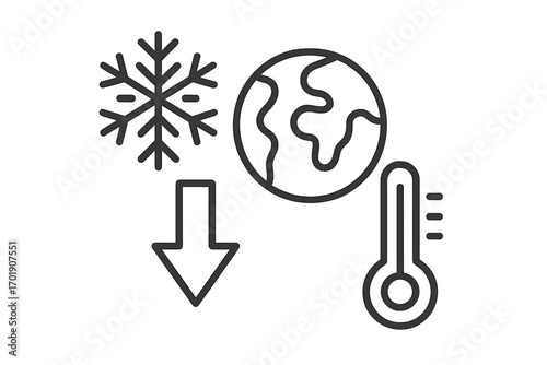 Global cooling concept icon. Climate change metaphor. Planet Earth, thermometer, and snowflake symbol. Sign for ice age, cold weather, freezing, and temperature drop.