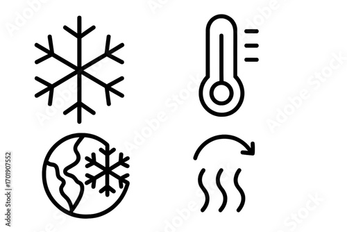 Cold weather linear icons set. Snowflake, low temperature thermometer, air conditioning, global cooling symbols. Winter climate and freeze concept vector illustration collection.