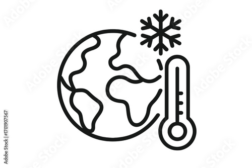 Global cooling and ice age concept. Planet earth with cold thermometer and snowflake icon. Climate change, environment and weather symbol. Winter ecology vector illustration.