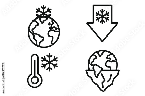 Global cooling icon set. Ice age vector outline symbols. Planet Earth freezing, cold temperature thermometer, winter snowflake, and iceberg signs for climate change concept.