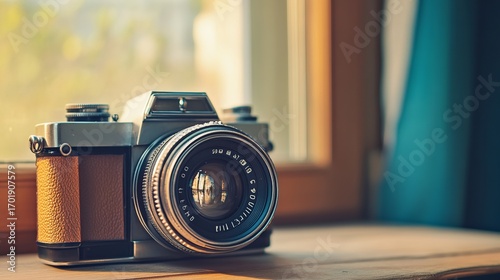 Vintage camera sits on windowsill, bathed in sunlight