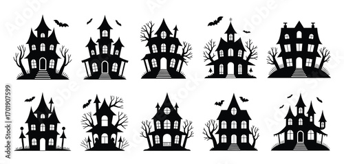 Collection of spooky haunted houses and silhouetted bats for halloween