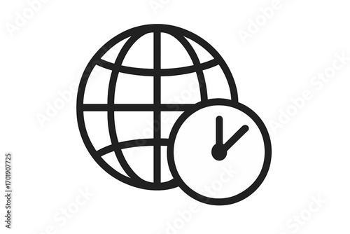 World time icon. Globe with clock symbol. Global business, international timezone concept. Vector line art for web, app. Worldwide delivery, 24/7 service, time management, deadline.