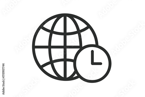 Globe and clock line icon. World time zone symbol. Global business, 24/7 service, international deadline, and time management concept. Vector outline graphic for web design.