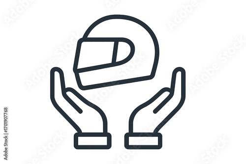 Road safety concept with hands holding helmet. Biker protection and motorcycle insurance symbol. Modern line icon for safe driving, racing, and motorsport vector design.