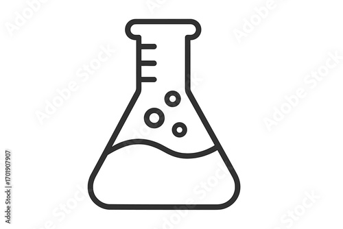 Science chemistry research experiment concept. Laboratory flask line icon. Chemical beaker with liquid and bubbles. Lab equipment vector illustration. Isolated minimal icon.