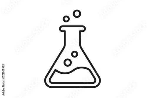 Erlenmeyer flask with liquid icon. Laboratory glass for chemistry, science, experiment. Chemical reaction, research, potion concept. Vector line art pictogram symbol.