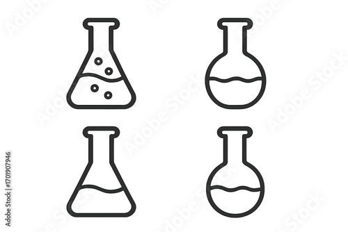 Science and chemistry research icon collection. Outline vector laboratory flasks with liquid and bubbles. Erlenmeyer & Florence flask for chemical experiment or medical test.